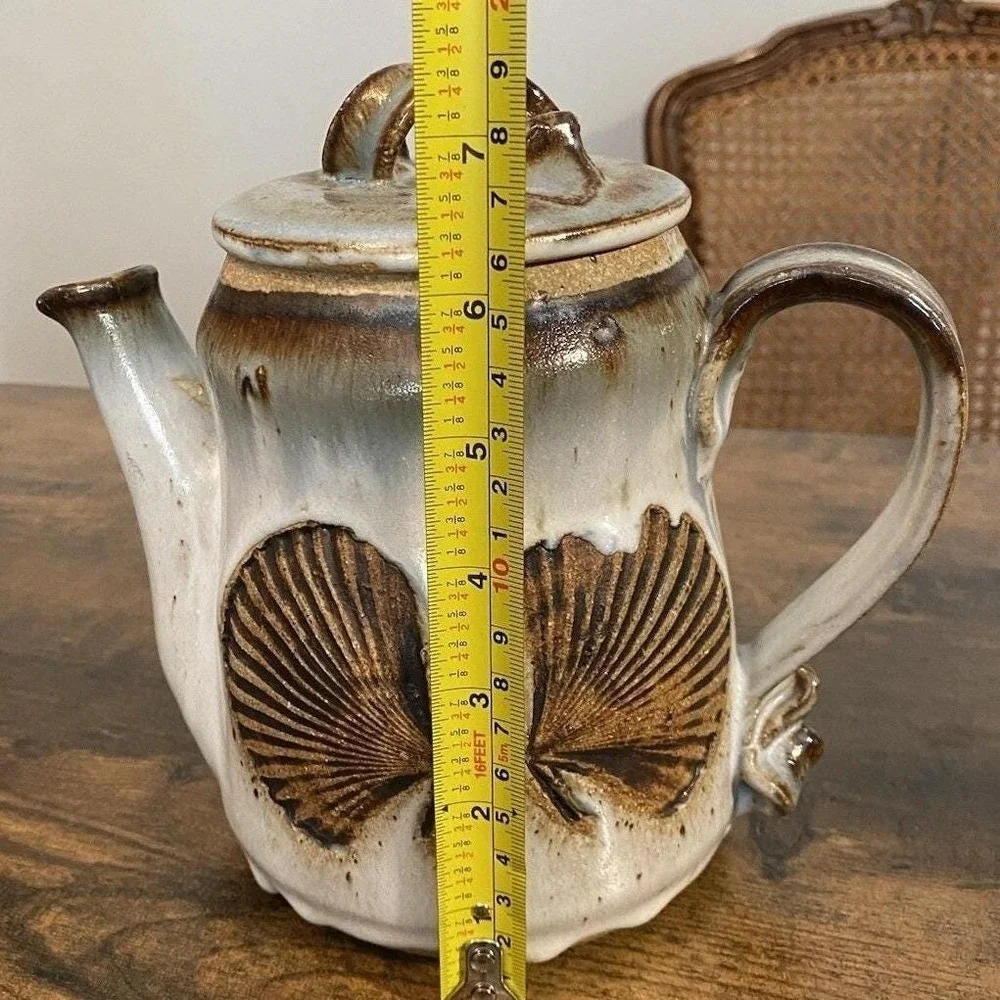 Studio Pottery Seashell Tea Set Teapot 2 Mugs Glazed Hefty Stoneware Coastal Art